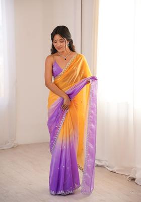 Orange Sequin Work Silk Saree Set