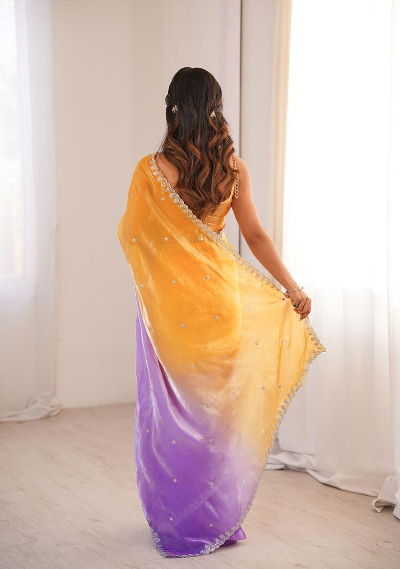 Orange Sequin Work Silk Saree Set - Indya