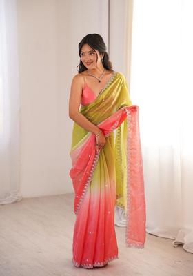 Green Sequin Work Silk Saree Set