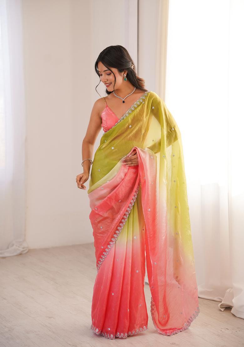 Green Sequin Work Silk Saree Set - Indya