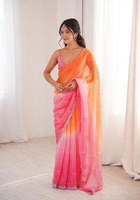 Orange Sequin Work Silk Saree Set