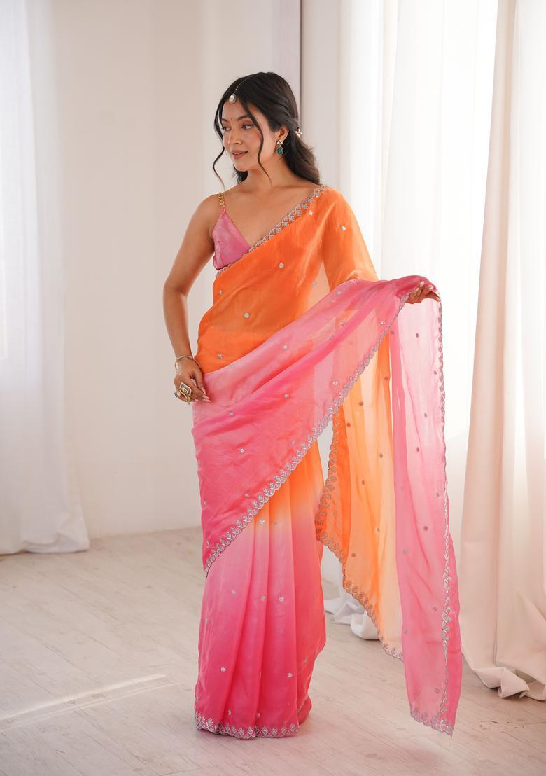 Orange Sequin Work Silk Saree Set - Indya