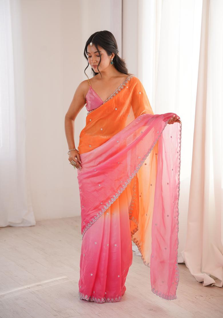 Orange Sequin Work Silk Saree Set - Indya