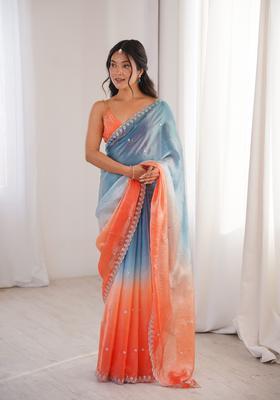 Blue Sequin Work Silk Saree Set