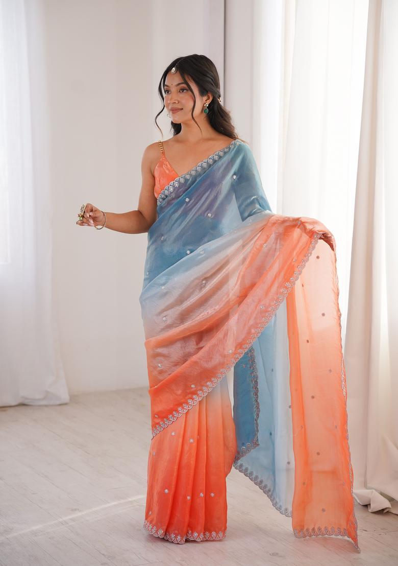 Blue Sequin Work Silk Saree Set - Indya