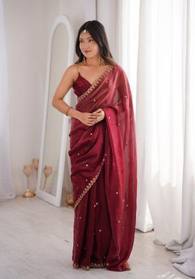 Maroon Sequin Work Silk Saree Set