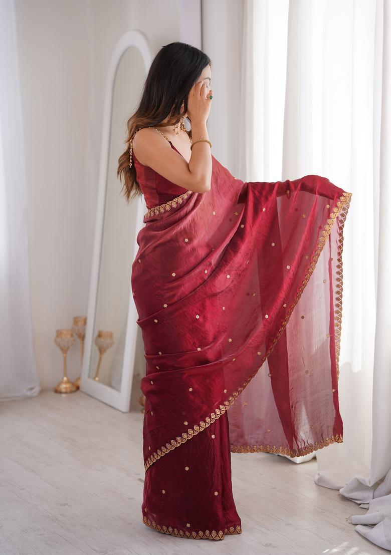 Maroon Sequin Work Silk Saree Set - Indya