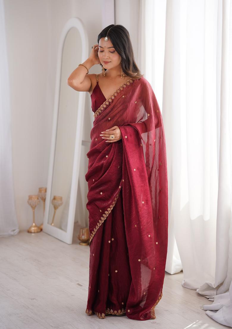 Maroon Sequin Work Silk Saree Set - Indya