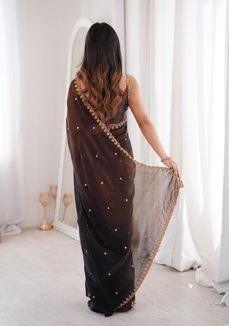 Black Sequin Work Silk Saree Set - Indya