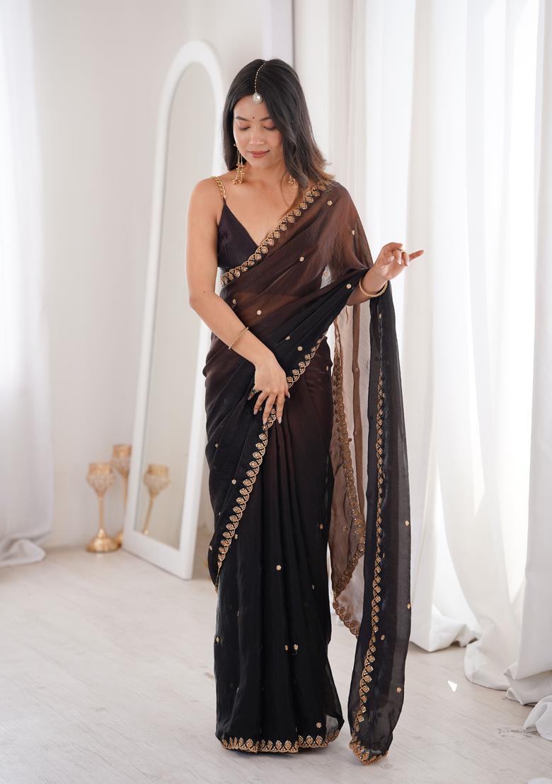 Black Sequin Work Silk Saree Set - Indya