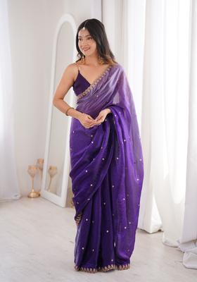 Violet Sequin Work Silk Saree Set