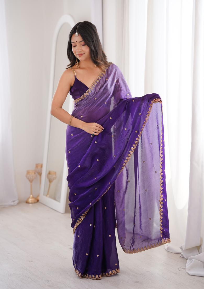 Violet Sequin Work Silk Saree Set - Indya