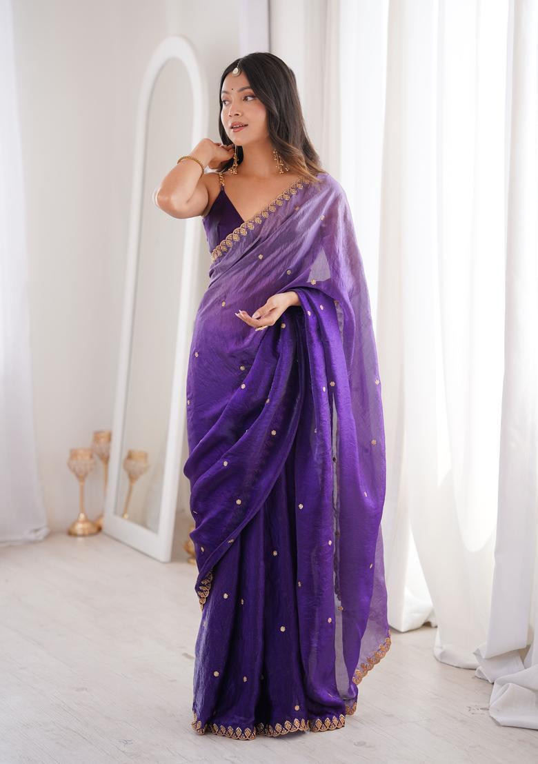 Violet Sequin Work Silk Saree Set - Indya