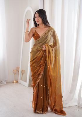 Brown Sequin Work Silk Saree Set