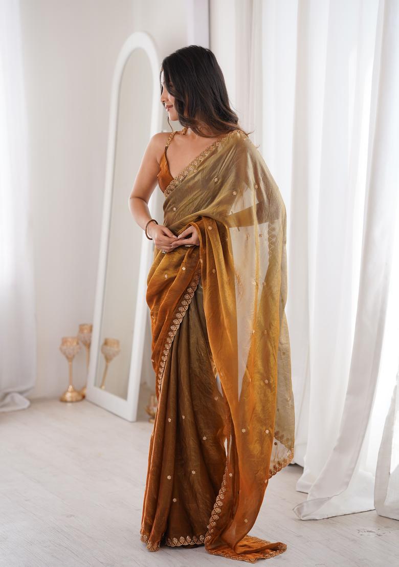 Brown Sequin Work Silk Saree Set - Indya