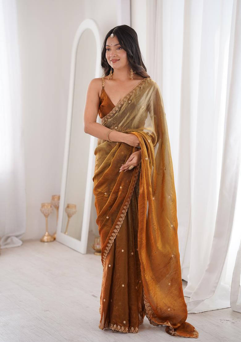 Brown Sequin Work Silk Saree Set - Indya