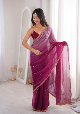 Purple Sequin Work Silk Saree Set