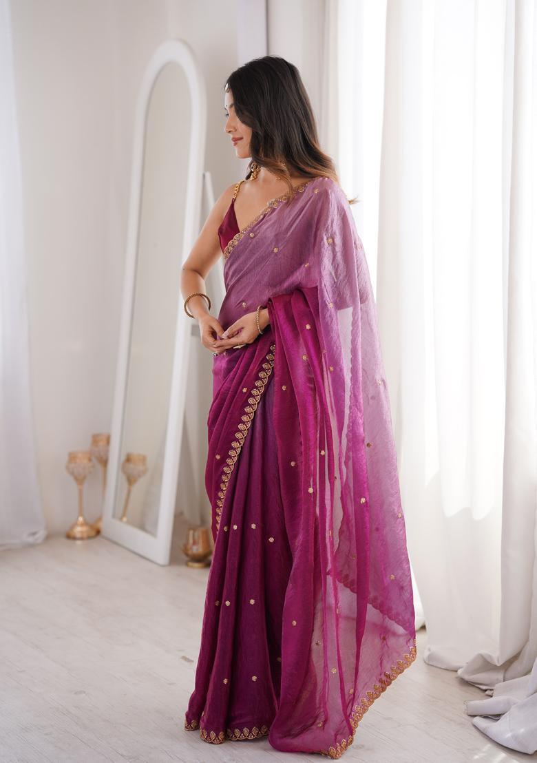 Purple Sequin Work Silk Saree Set - Indya
