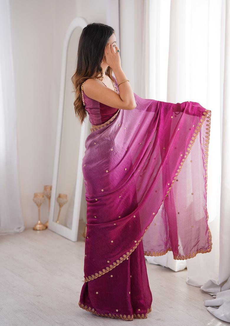 Purple Sequin Work Silk Saree Set - Indya
