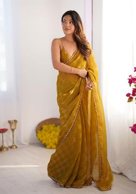 Mustard Printed Silk Saree Set