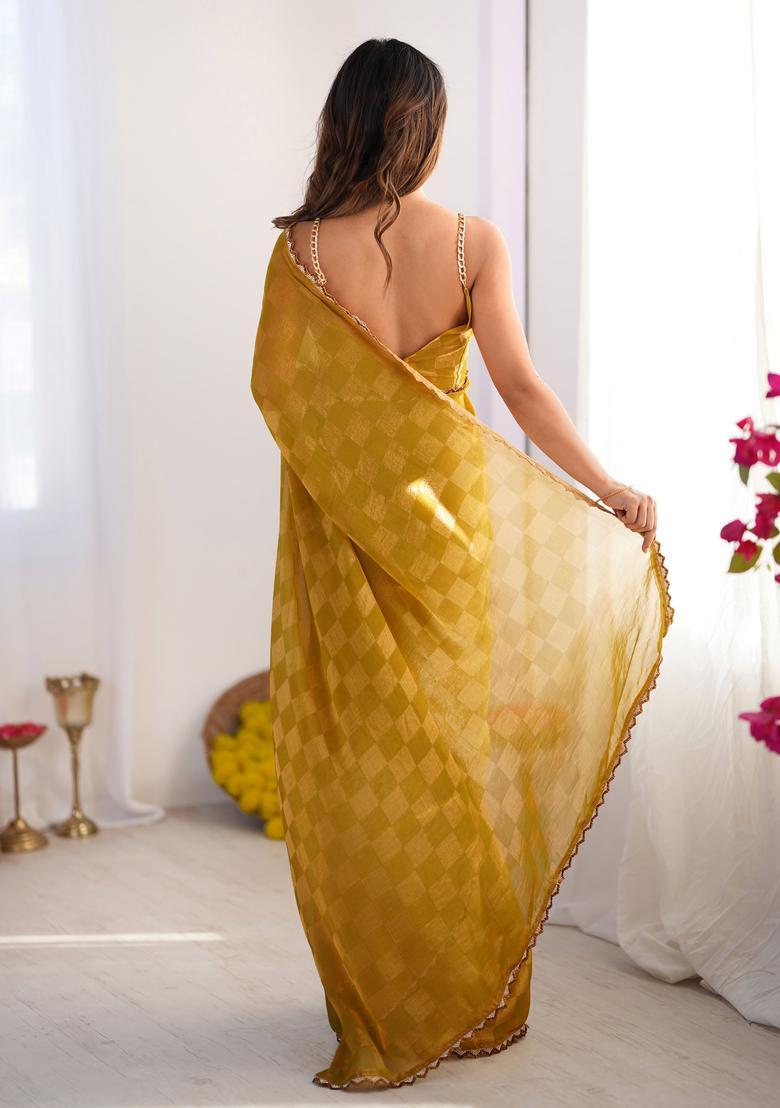 Mustard Printed Silk Saree Set - Indya