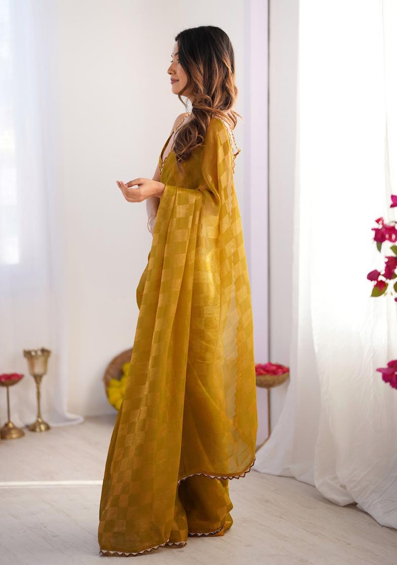 Mustard Printed Silk Saree Set - Indya