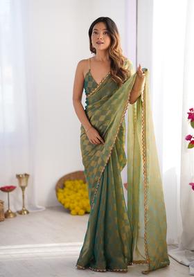 Green Printed Silk Saree Set