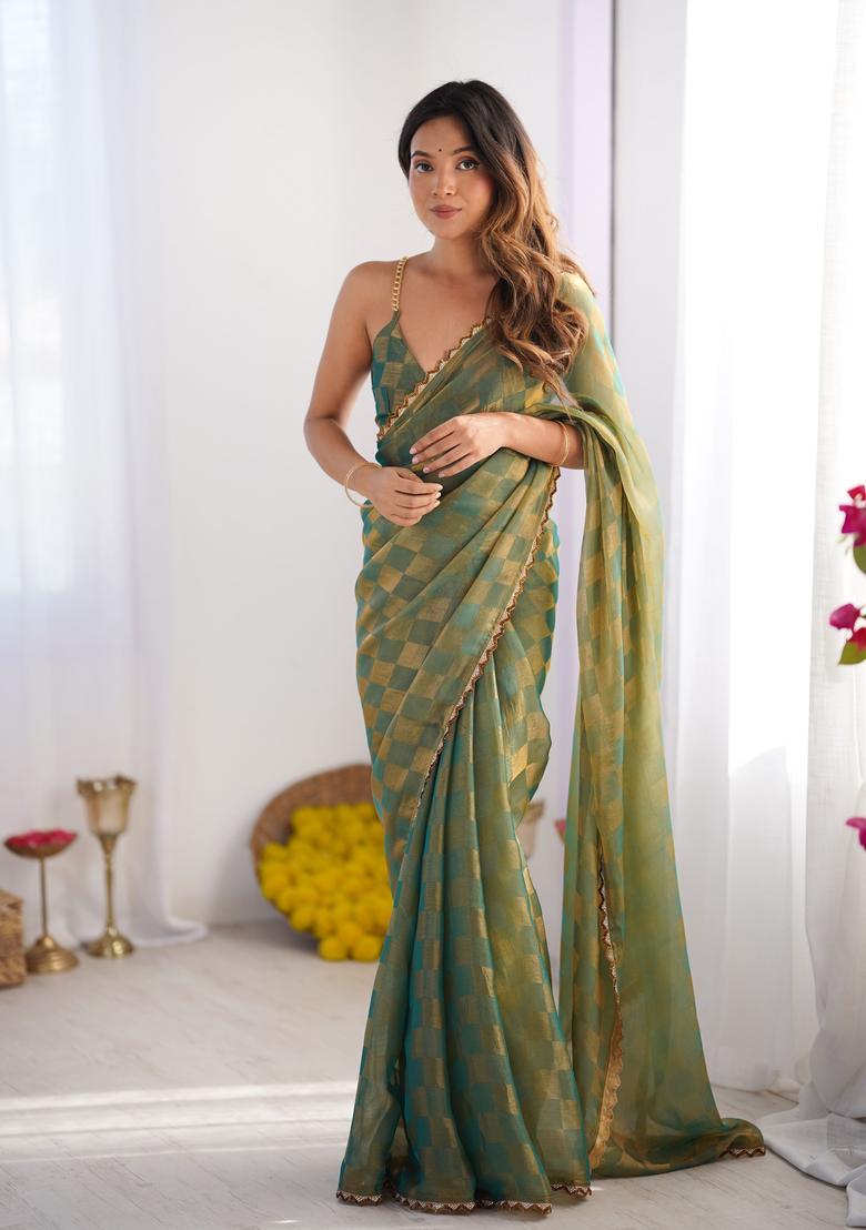 Green Printed Silk Saree Set - Indya