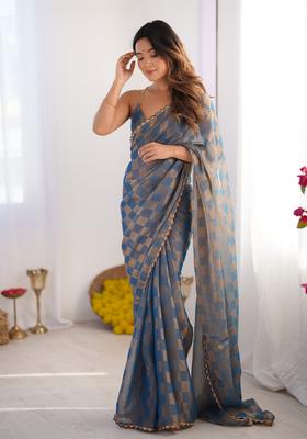 Sky Blue Printed Silk Saree Set