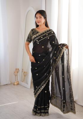Black Sequin Work Silk Saree Set