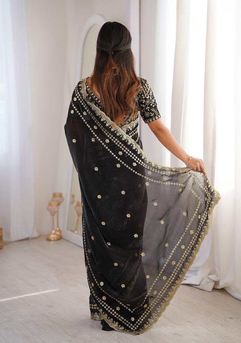 Black Sequin Work Silk Saree Set - Indya