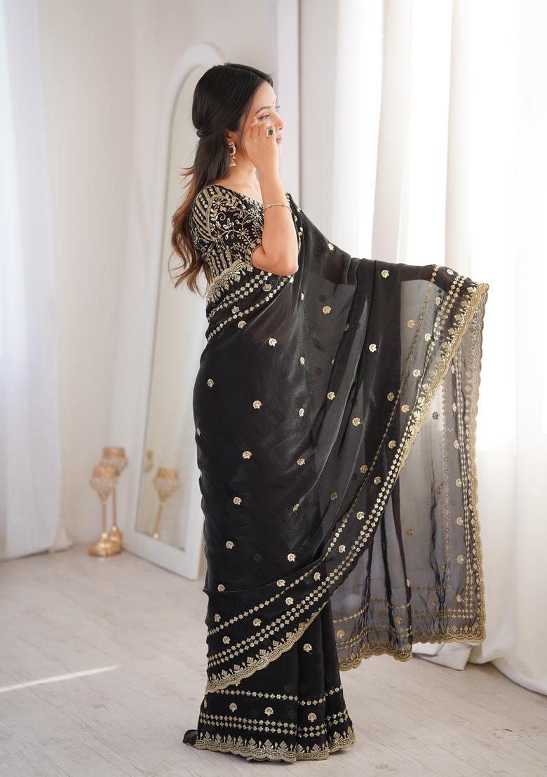Black Sequin Work Silk Saree Set - Indya