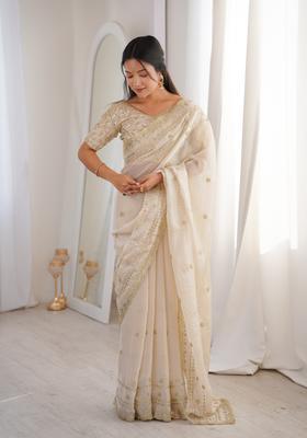 Cream Sequin Work Silk Saree Set