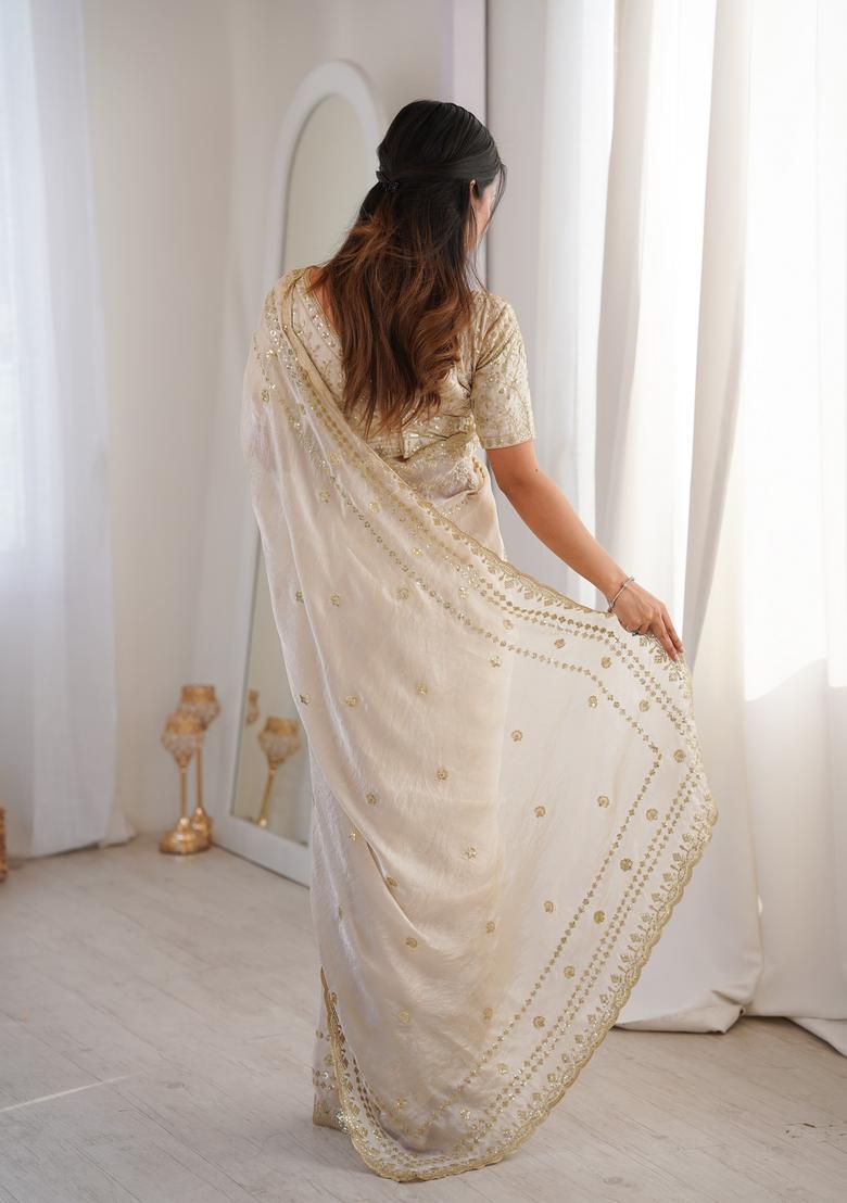 Cream Sequin Work Silk Saree Set - Indya