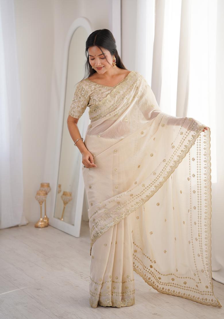Cream Sequin Work Silk Saree Set - Indya