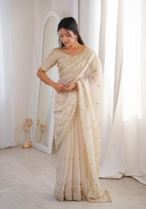 Cream Sequin Work Silk Saree Set