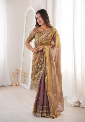 Golden Sequin Work Silk Saree Set