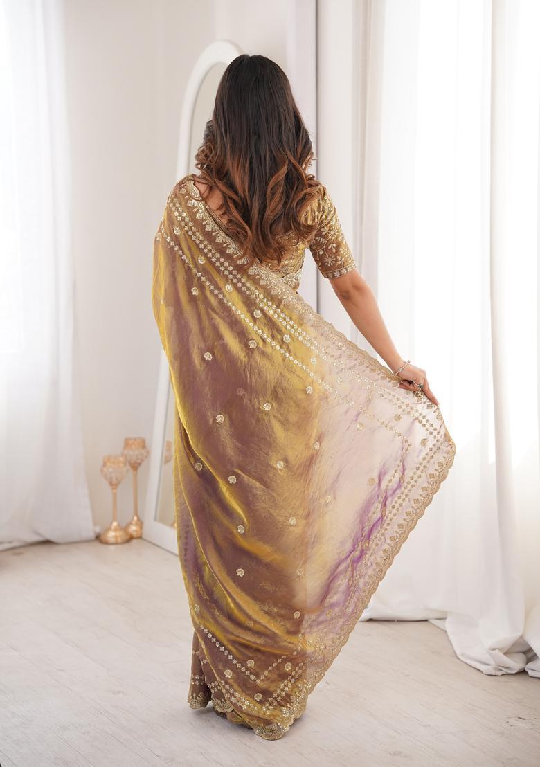 Golden Sequin Work Silk Saree Set - Indya