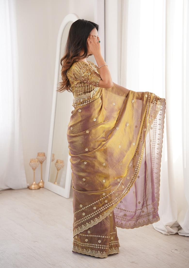 Golden Sequin Work Silk Saree Set - Indya