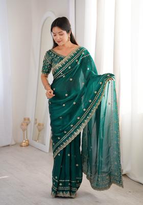 Green Sequin Work Silk Saree Set