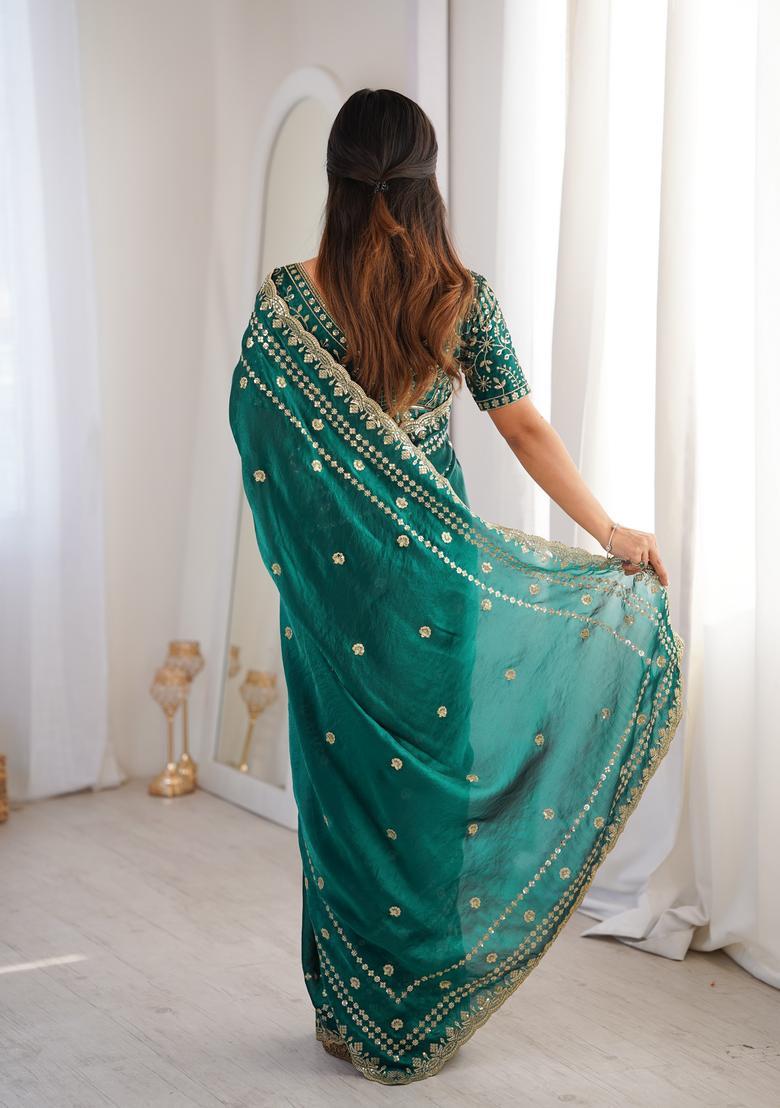 Green Sequin Work Silk Saree Set - Indya