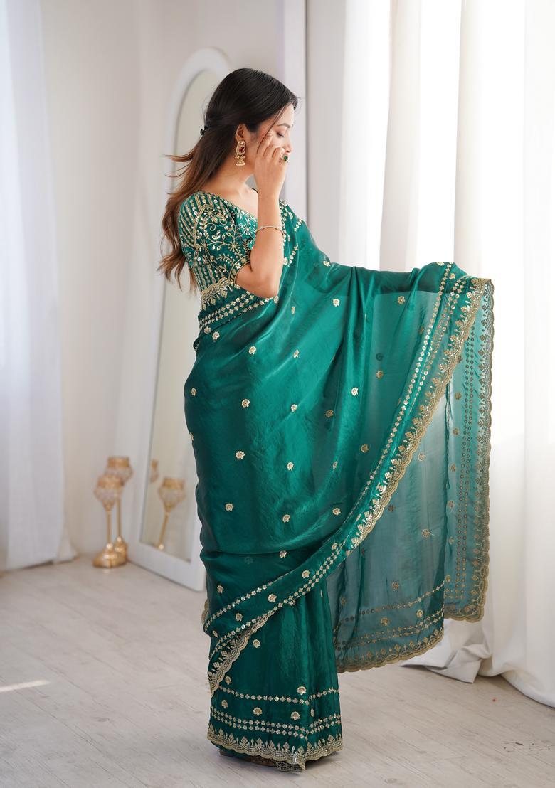 Green Sequin Work Silk Saree Set - Indya