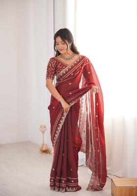 Maroon Sequin Work Silk Saree Set