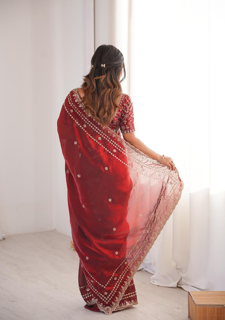 Maroon Sequin Work Silk Saree Set - Indya