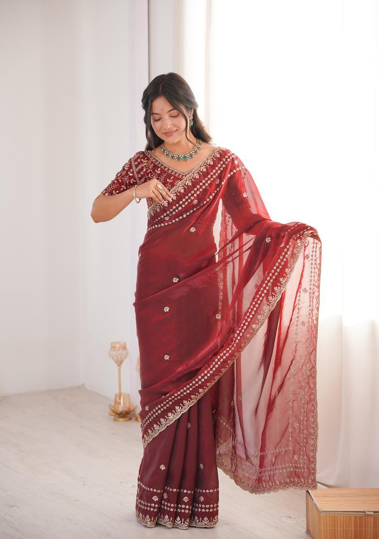 Maroon Sequin Work Silk Saree Set - Indya