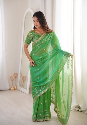 Green Sequin Work Silk Saree Set
