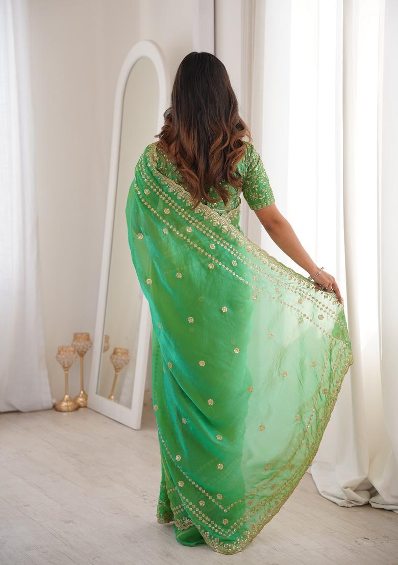 Green Sequin Work Silk Saree Set - Indya