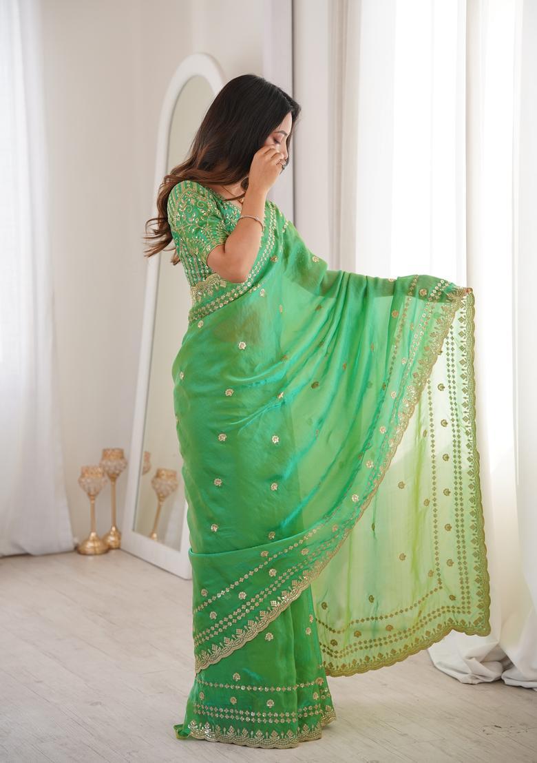 Green Sequin Work Silk Saree Set - Indya