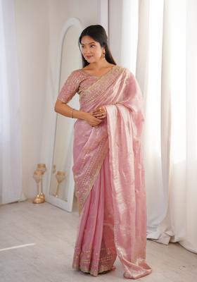 Pink Sequin Work Silk Saree Set