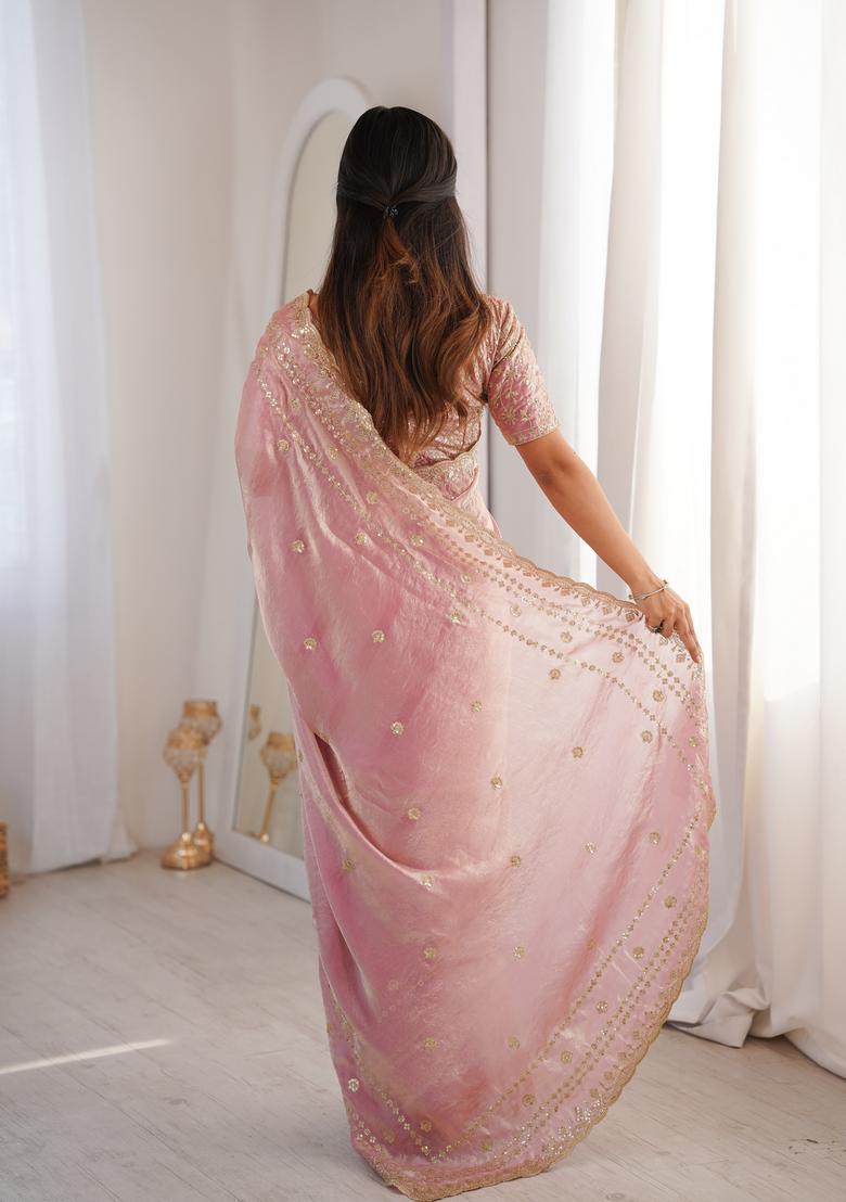 Pink Sequin Work Silk Saree Set - Indya